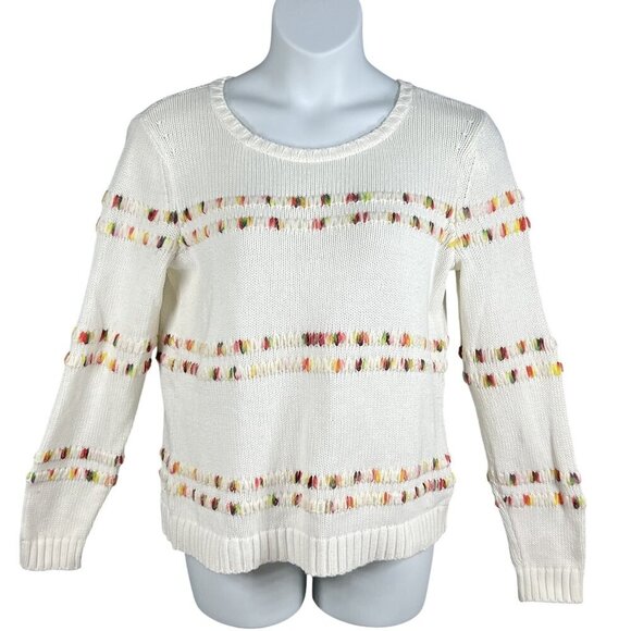 Talbots Womens L White Knit Sweater Rainbow Accents Space Dye Long Sleeve Top - Picture 2 of 15